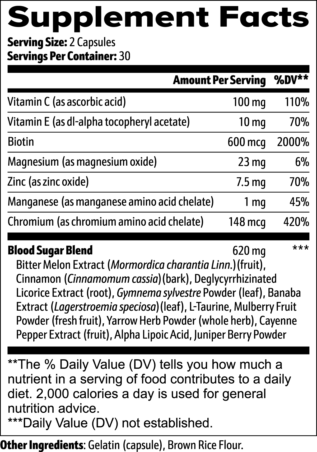 blood sugar support supplement facts